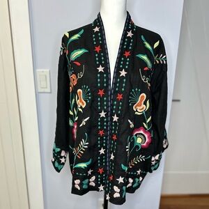 Johnny Was Linen Embroidered Black Kimono Jacket, size Large, like new!
